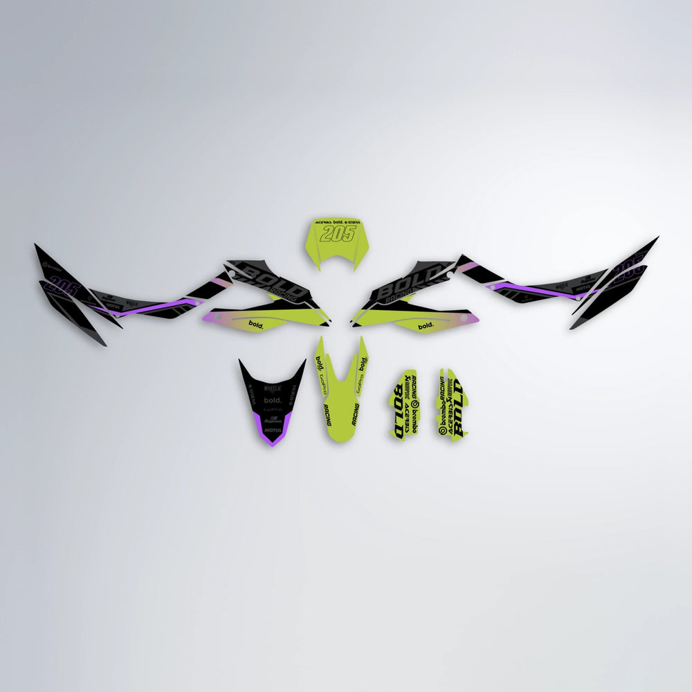 FACTORY Aprilia SX 125 graphics kit parts layout in Purple & Yellow