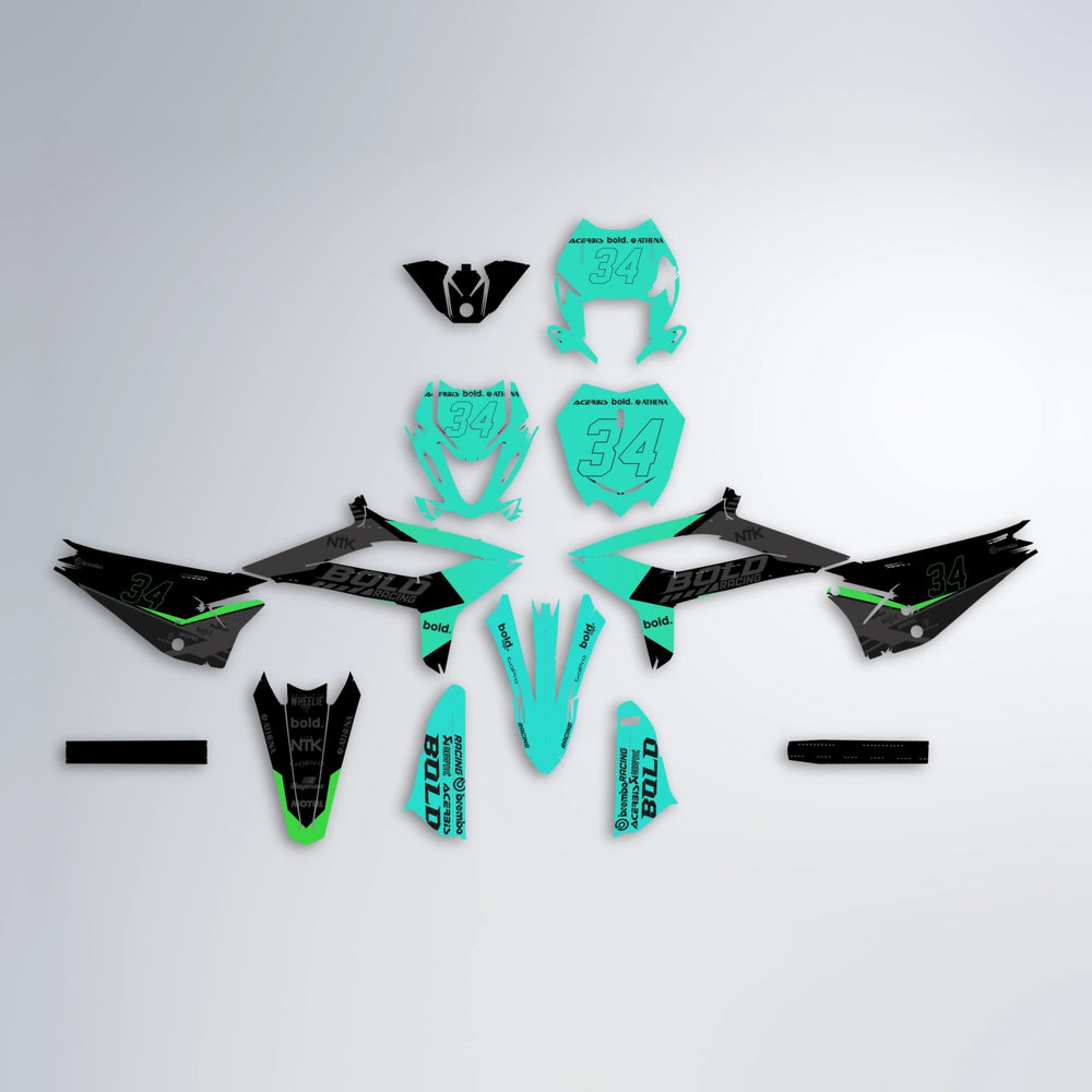 FACTORY Beta graphics kit parts layout in Cyan & Green