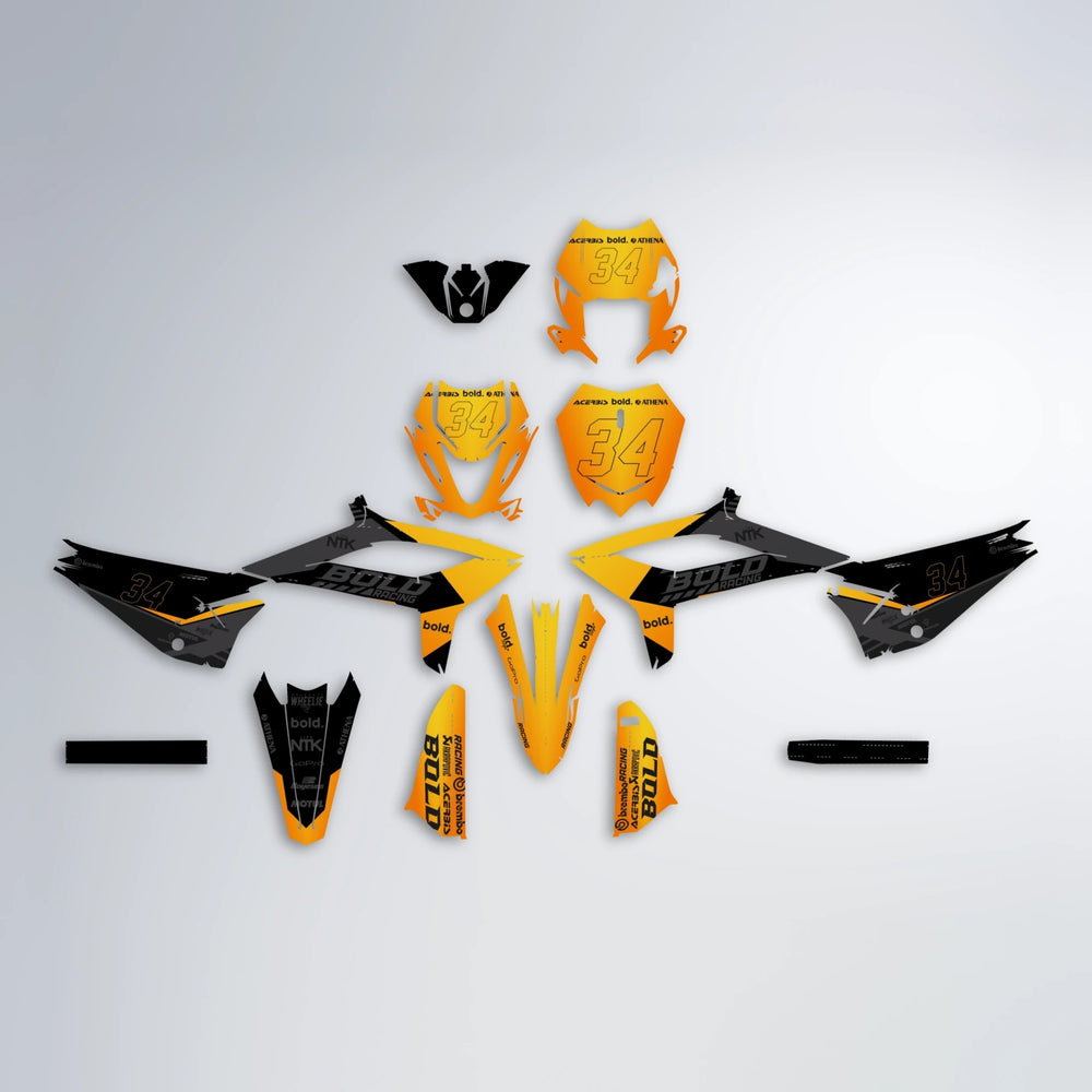 FACTORY Beta graphics kit parts layout in Orange & Yellow