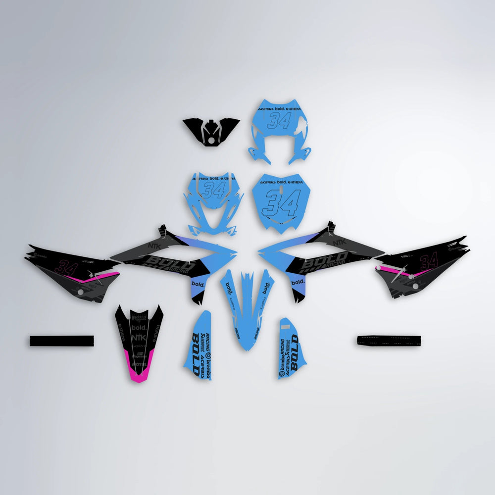 FACTORY Beta graphics kit parts layout in Pink & Light Blue