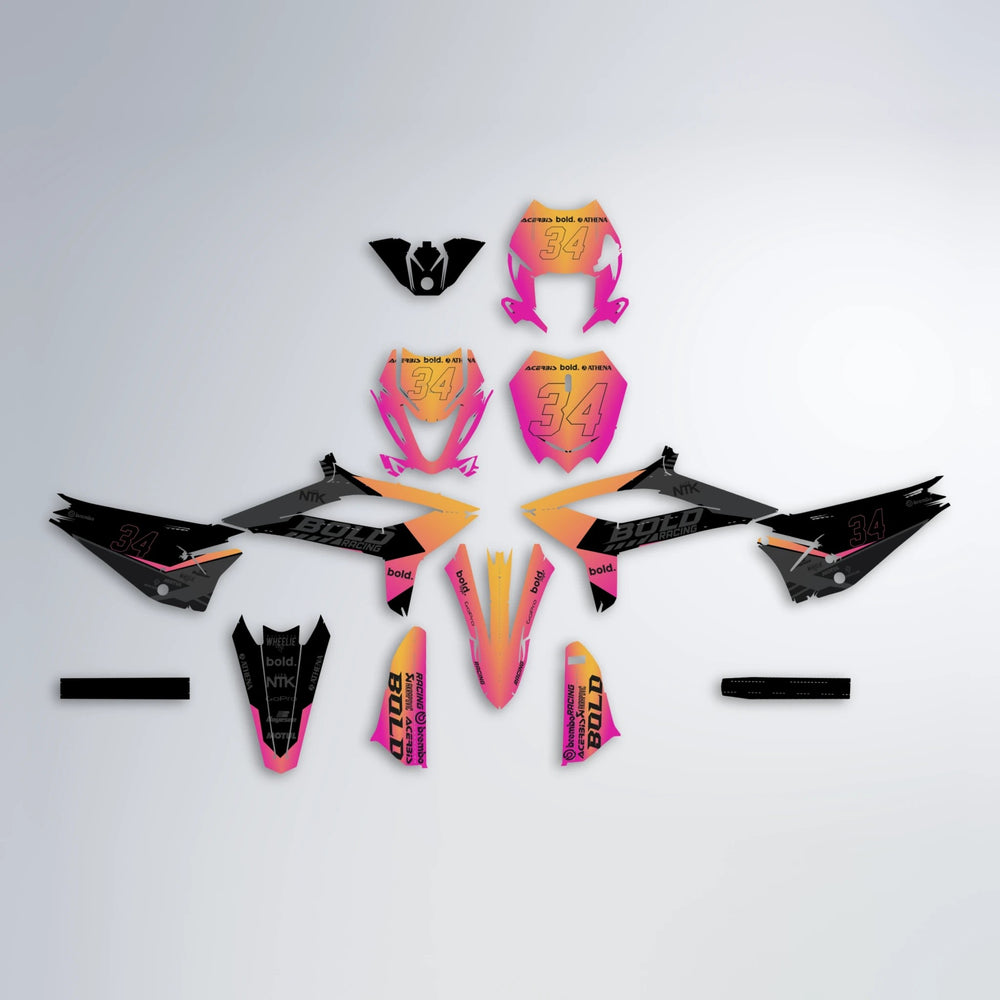 FACTORY Beta graphics kit parts layout in Pink & Yellow