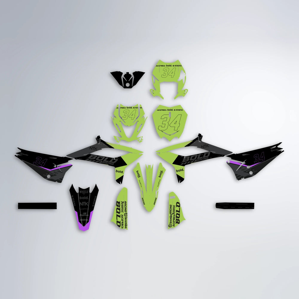 FACTORY Beta graphics kit parts layout in Purple & Yellow