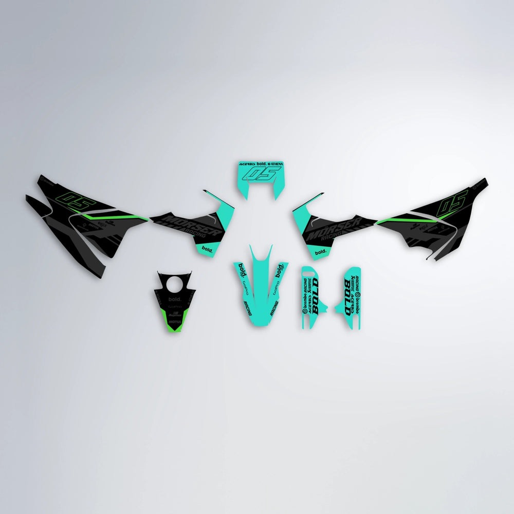 FACTORY Husqvarna 701 graphics kit parts layout in Cyan & Green