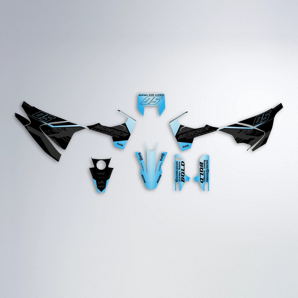 FACTORY Husqvarna 701 graphics kit parts layout in Light Blue & White
