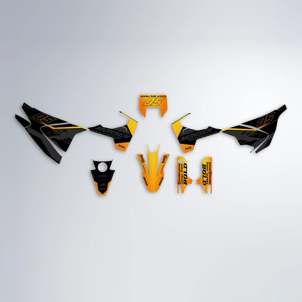 FACTORY Husqvarna 701 graphics kit parts layout in Orange & Yellow