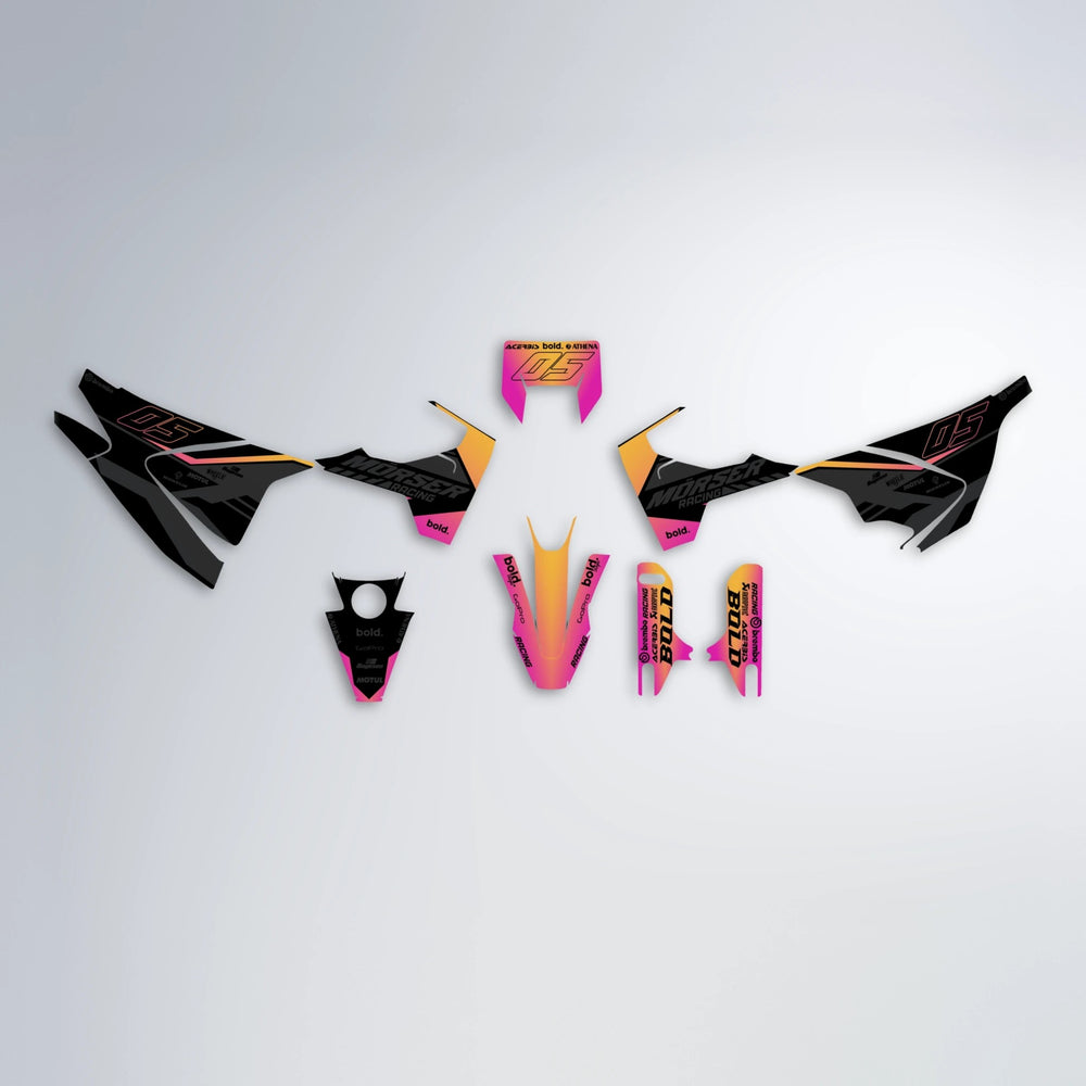 FACTORY Husqvarna 701 graphics kit parts layout in Pink & Yellow