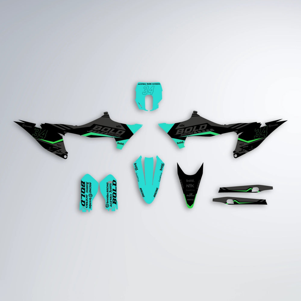 FACTORY Stark Varg MX graphics kit parts layout in Cyan & Green