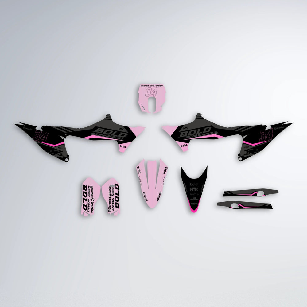 FACTORY Stark Varg MX graphics kit parts layout in Flamingo