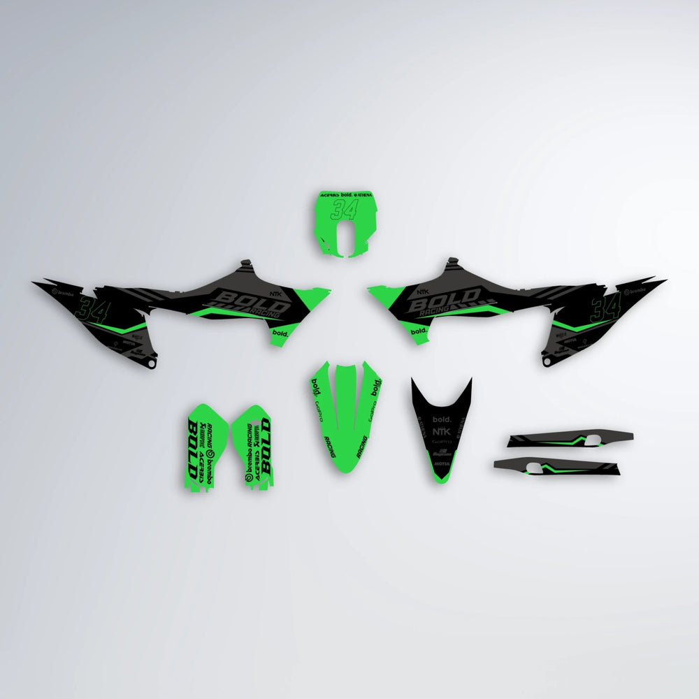 FACTORY Stark Varg MX graphics kit parts layout in Green