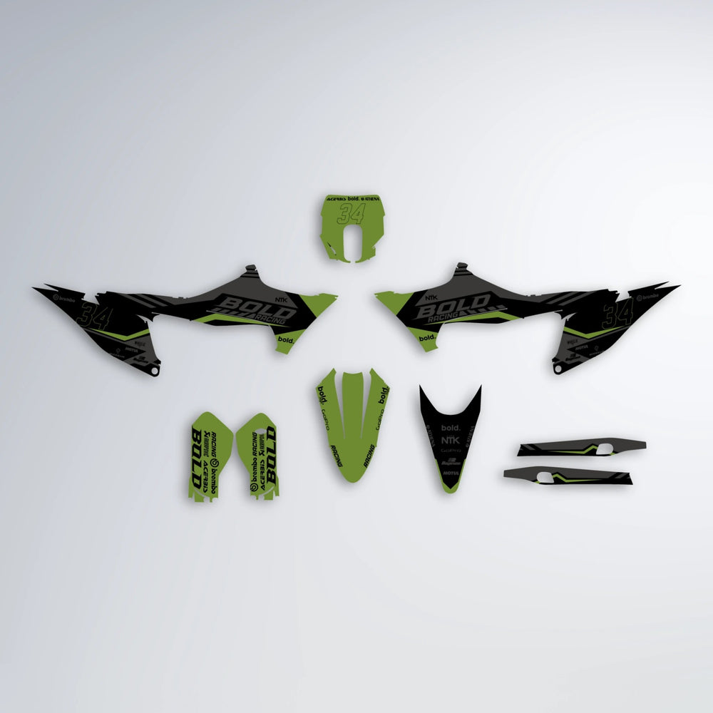 FACTORY Stark Varg MX graphics kit parts layout in Olive