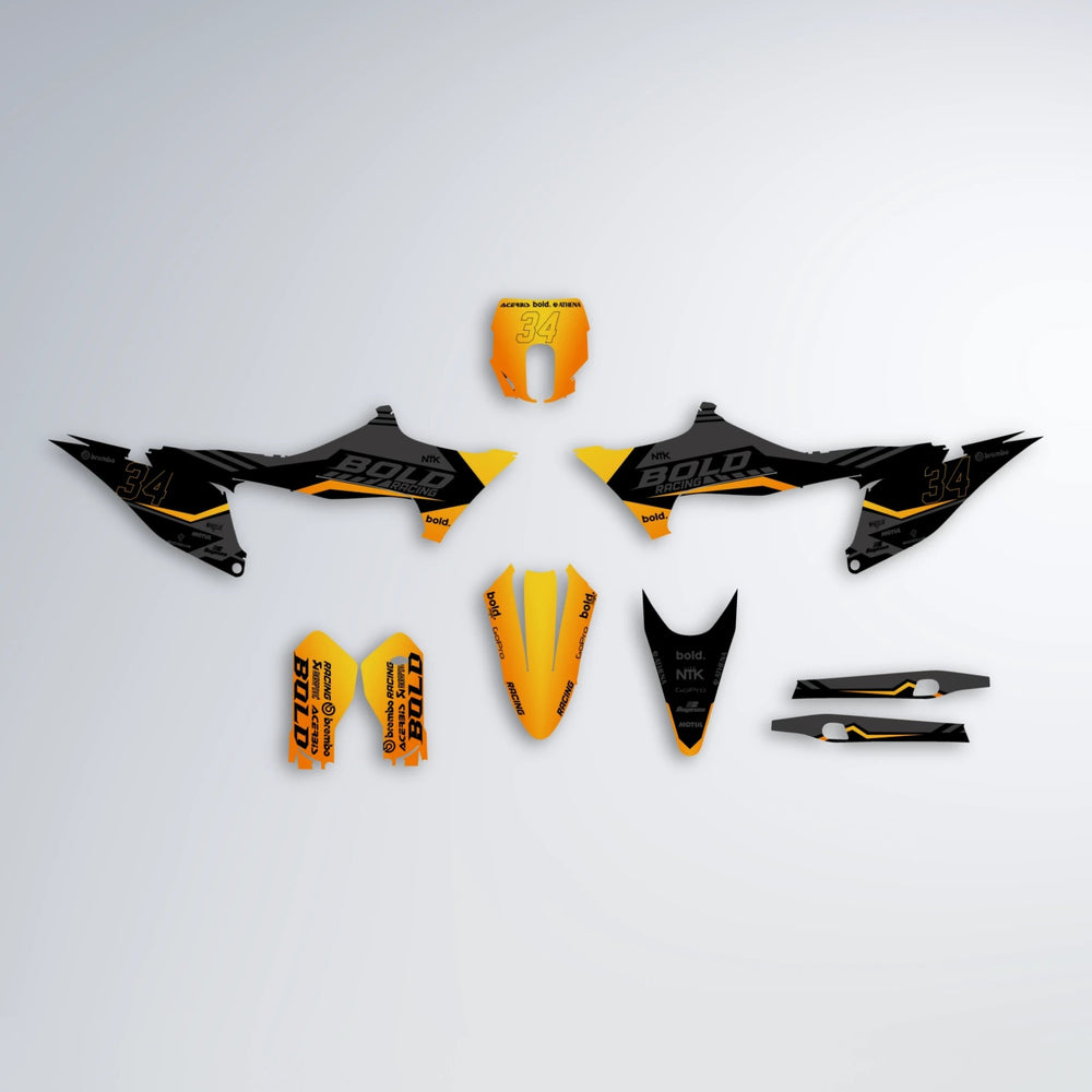 FACTORY Stark Varg MX graphics kit parts layout in Orange & Yellow