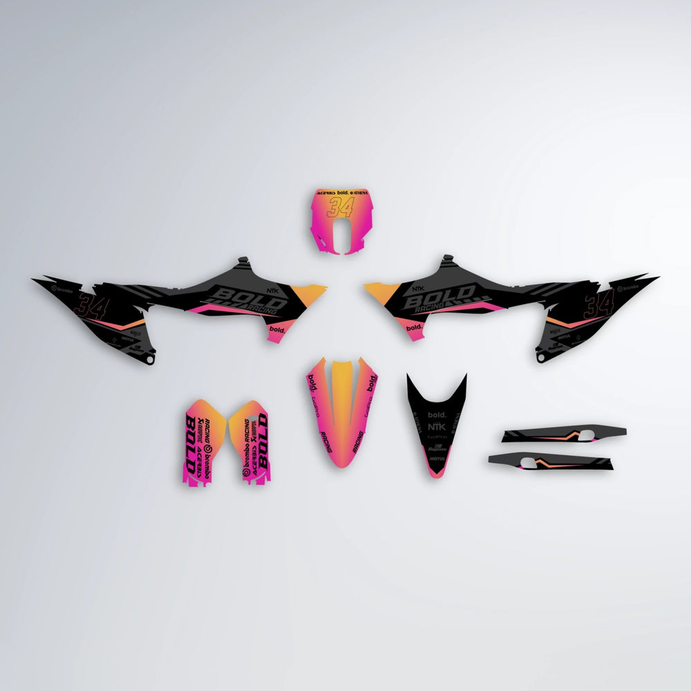 FACTORY Stark Varg MX graphics kit parts layout in Pink & Yellow