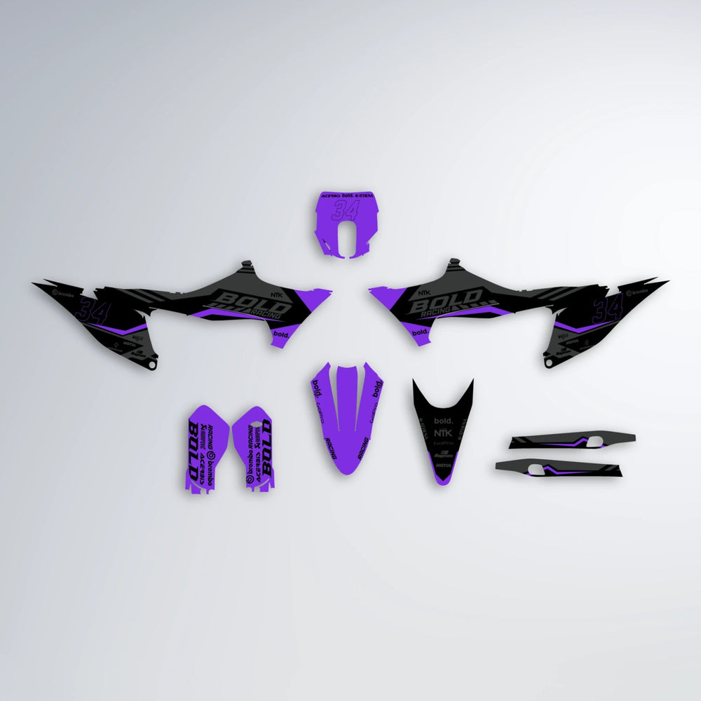 FACTORY Stark Varg MX graphics kit parts layout in Purple