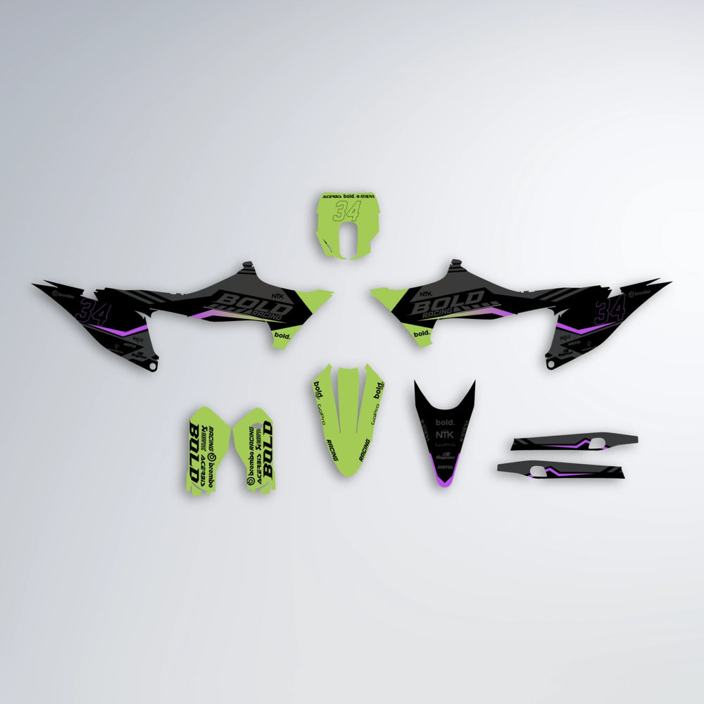 FACTORY Stark Varg MX graphics kit parts layout in Purple & Yellow
