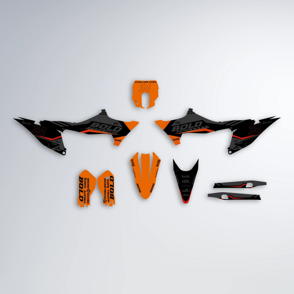 FACTORY Stark Varg MX graphics kit parts layout in Red & Orange