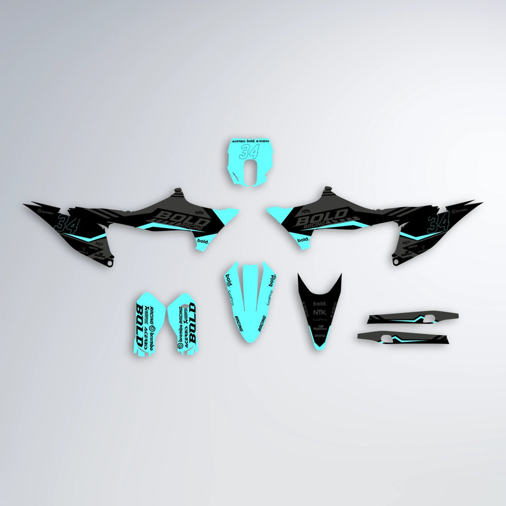FACTORY Stark Varg MX graphics kit parts layout in Teal