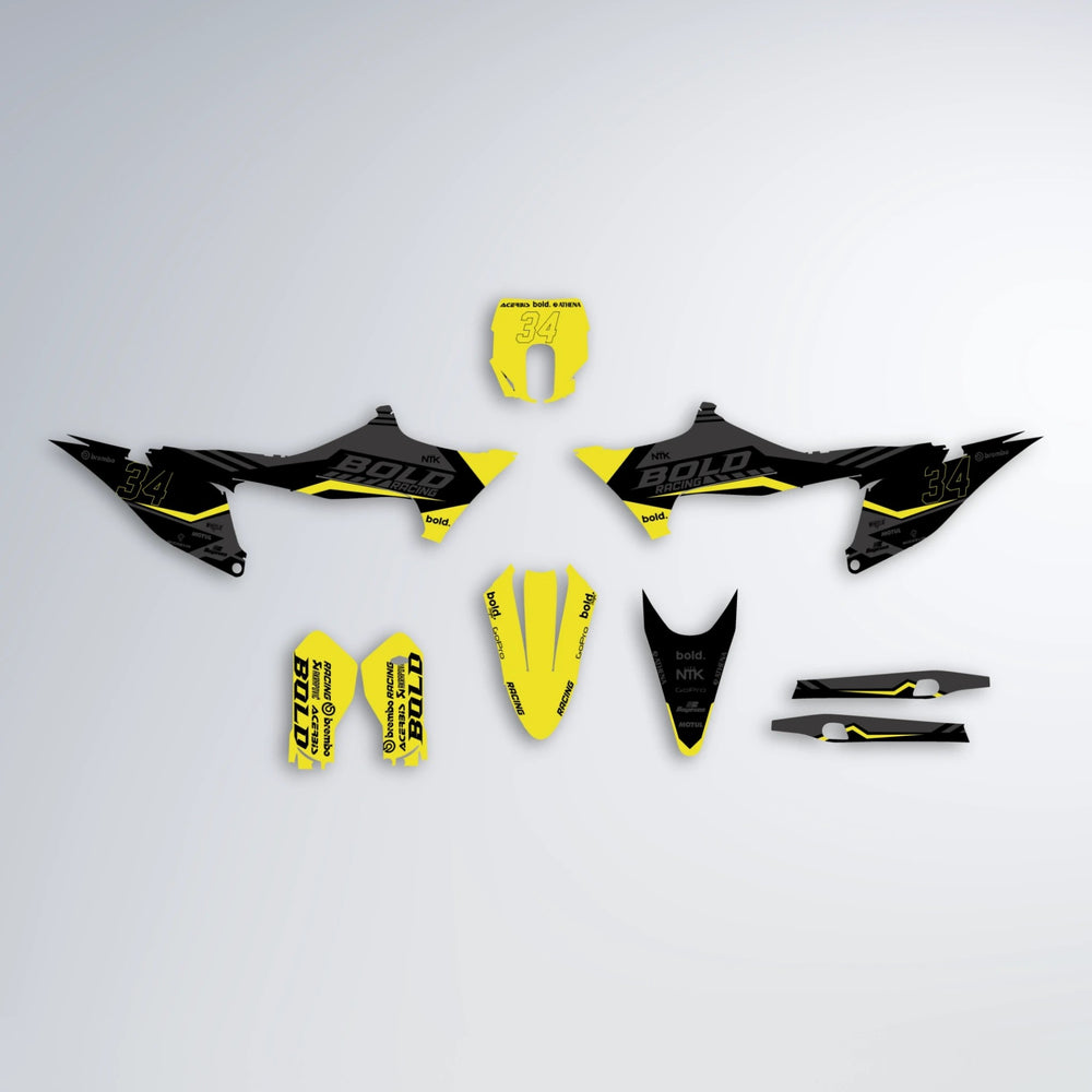 FACTORY Stark Varg MX graphics kit parts layout in Yellow