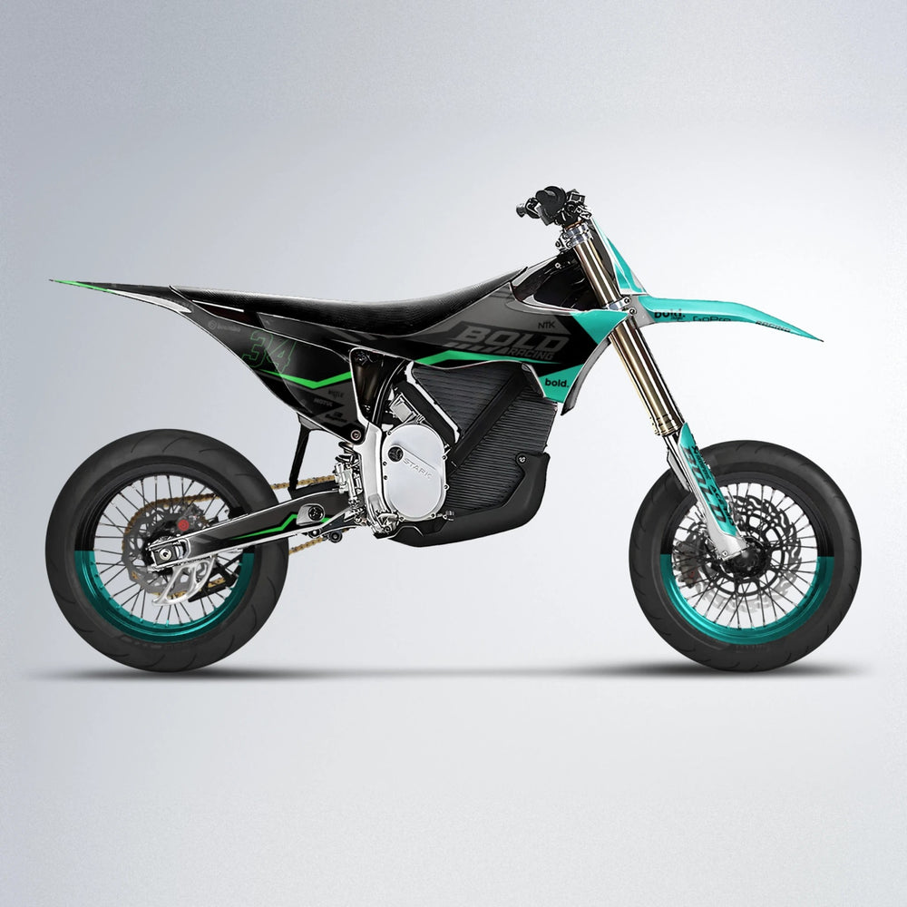 FACTORY Stark Varg SM supermoto graphics kit in Cyan & Green
