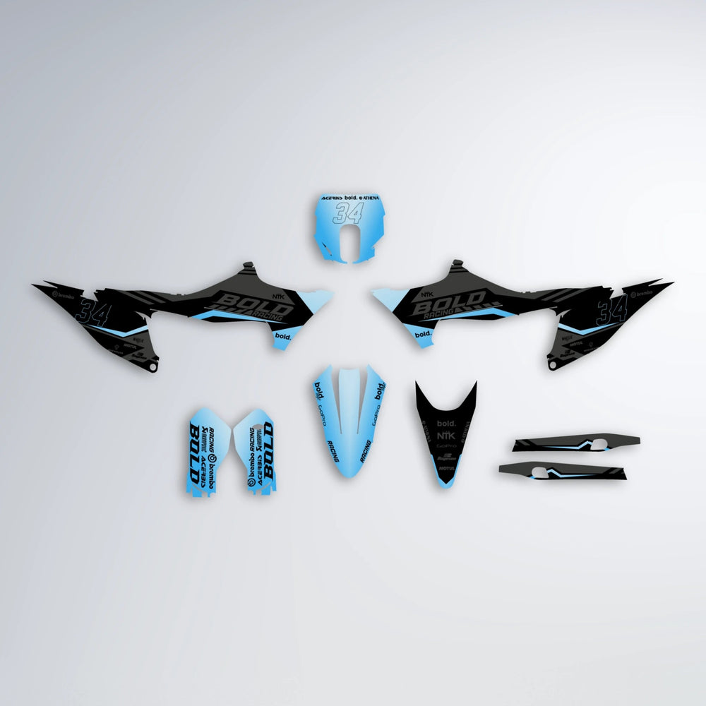 FACTORY Stark Varg SM graphics kit parts layout in Light Blue & White