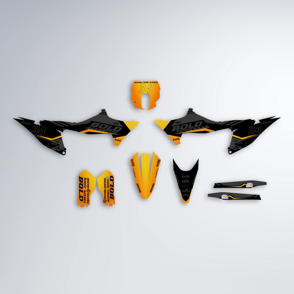 FACTORY Stark Varg SM graphics kit parts layout in Orange & Yellow
