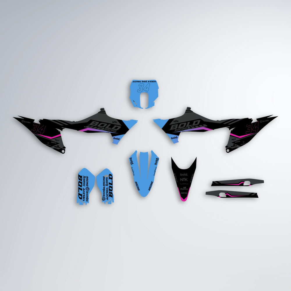 FACTORY Stark Varg SM graphics kit parts layout in Pink & Light Blue