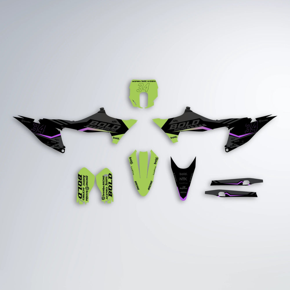 FACTORY Stark Varg SM graphics kit parts layout in Purple & Yellow