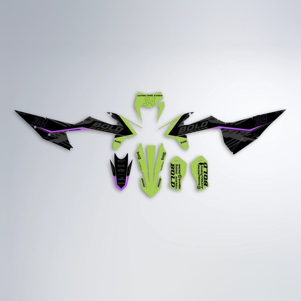 FACTORY graphics kit parts layout in Purple & Yellow