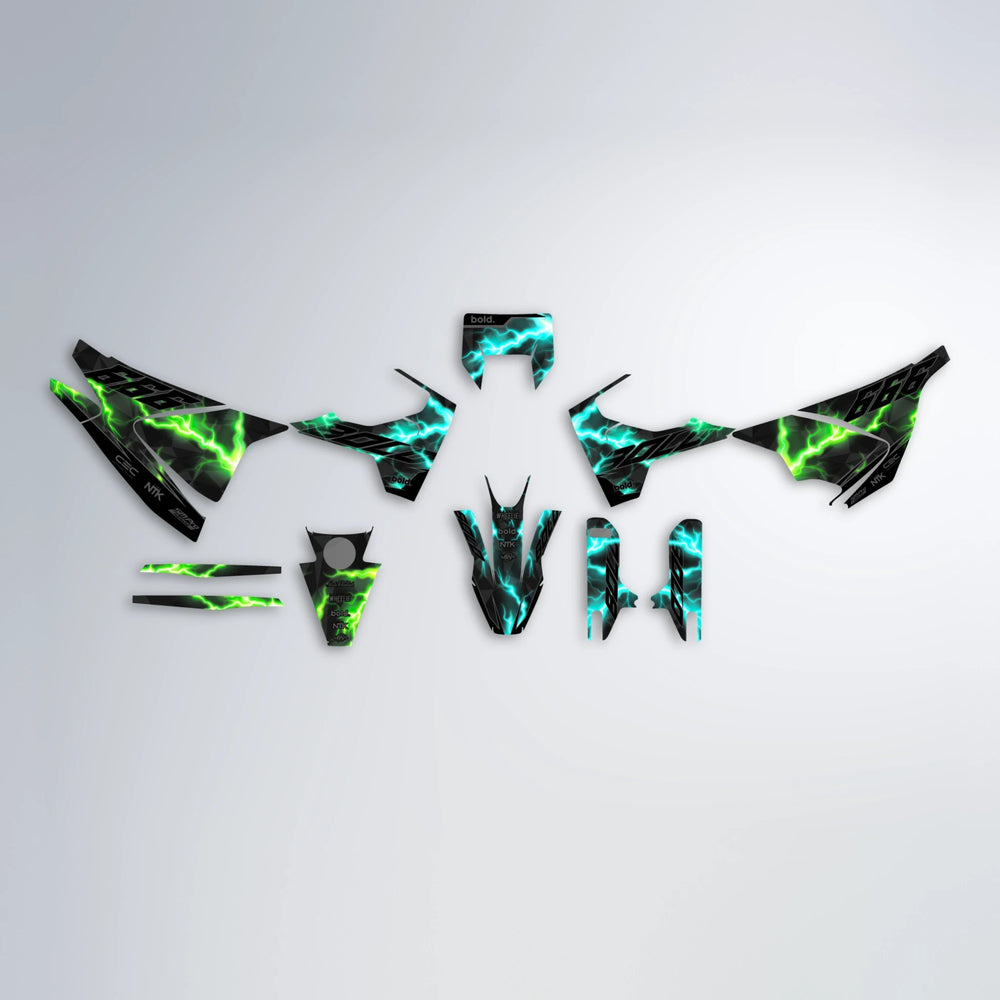FLASH Husqvarna 701 graphics kit parts layout in Cyan & Green