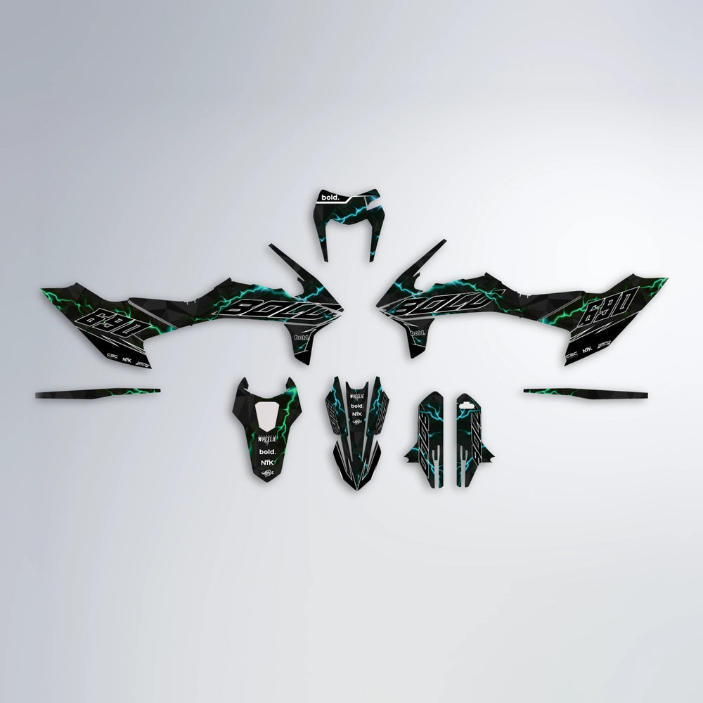 FLASH KTM SMC 690 graphics kit parts layout in Cyan & Green