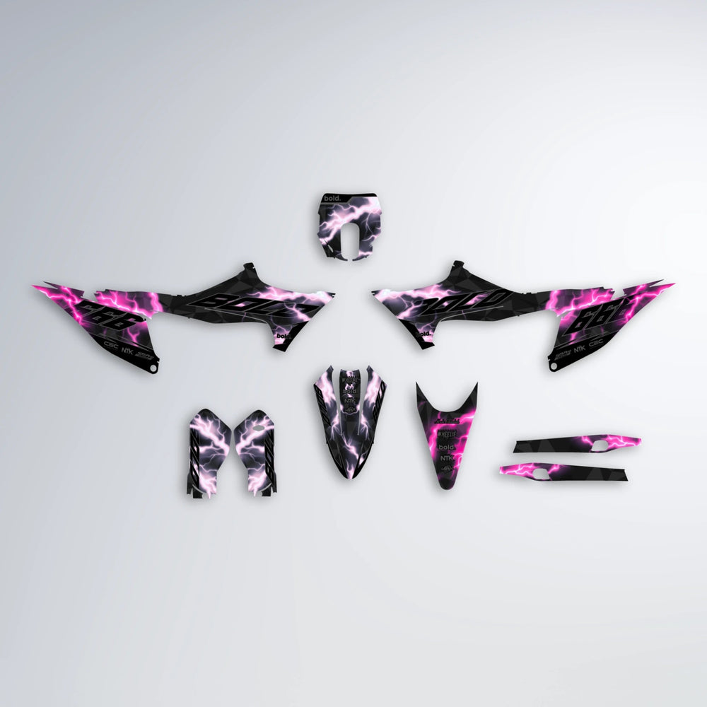 FLASH Stark Varg MX graphics kit parts layout in Flamingo