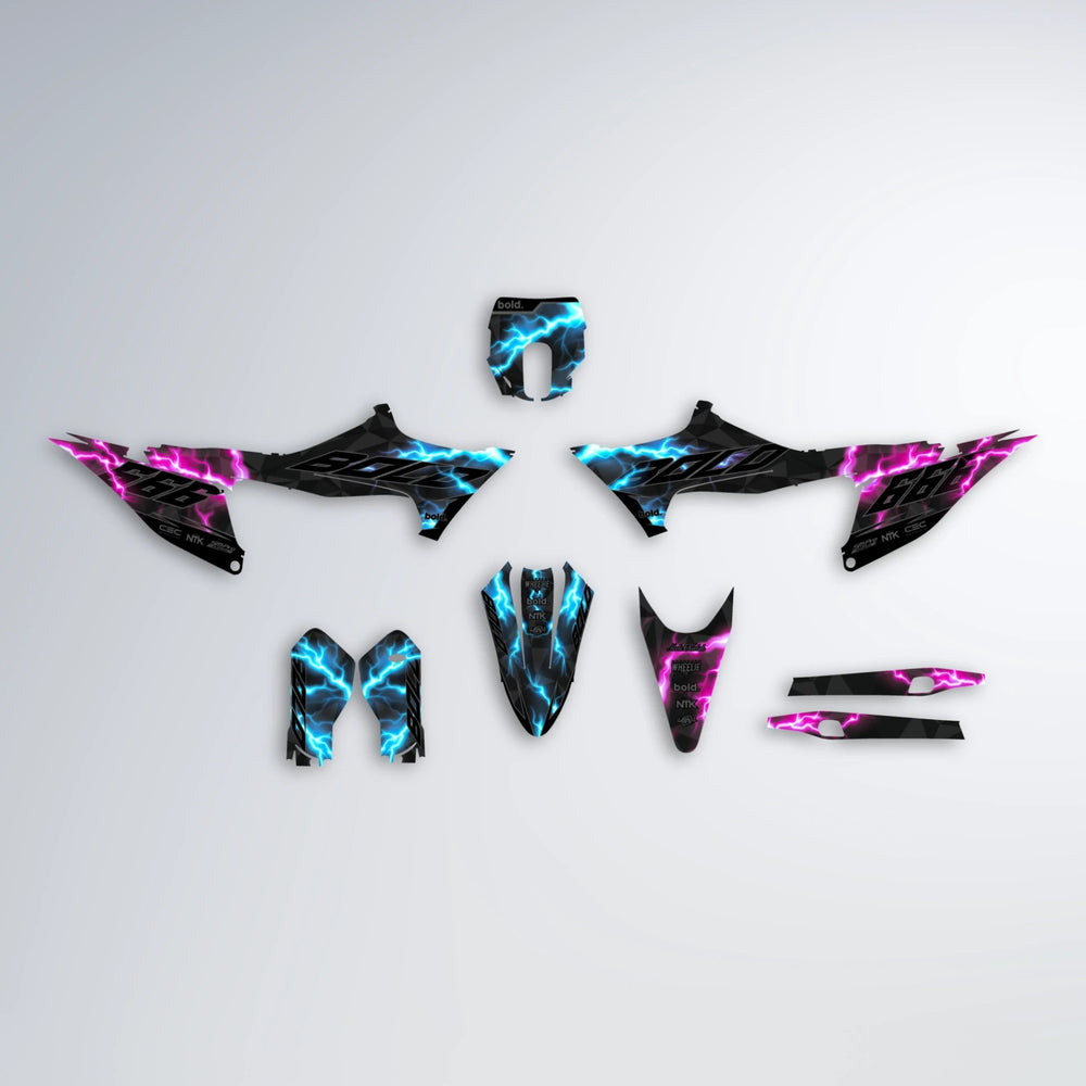 FLASH Stark Varg MX graphics kit parts layout in Pink & Light Blue