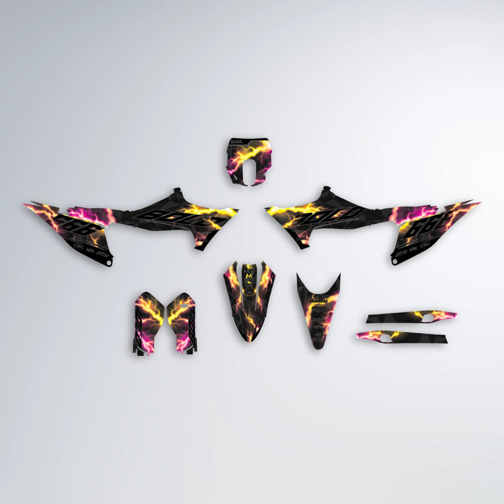 FLASH Stark Varg MX graphics kit parts layout in Pink & Yellow