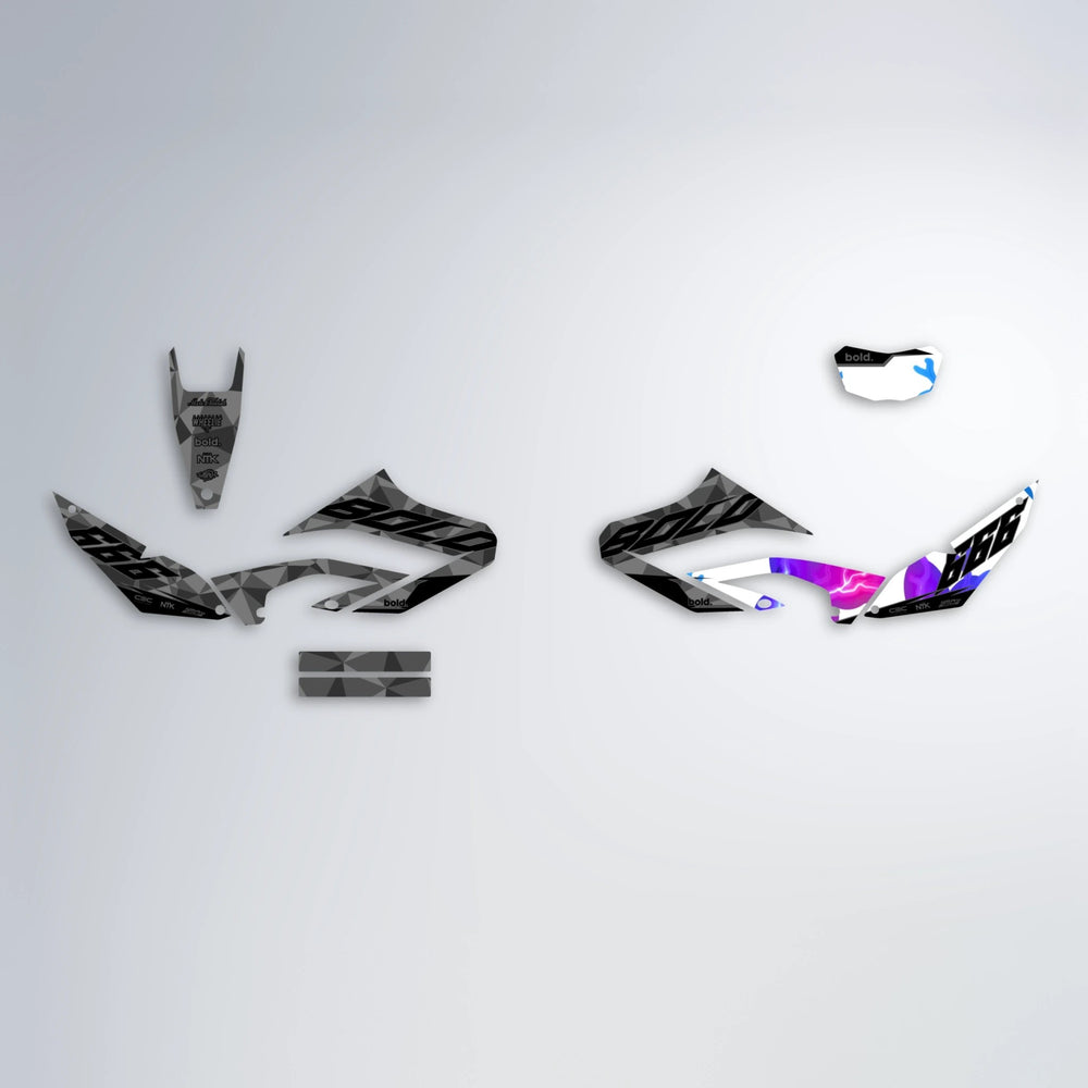 FLASH Yamaha WR 125X graphics kit parts layout in Blue Purple Fade