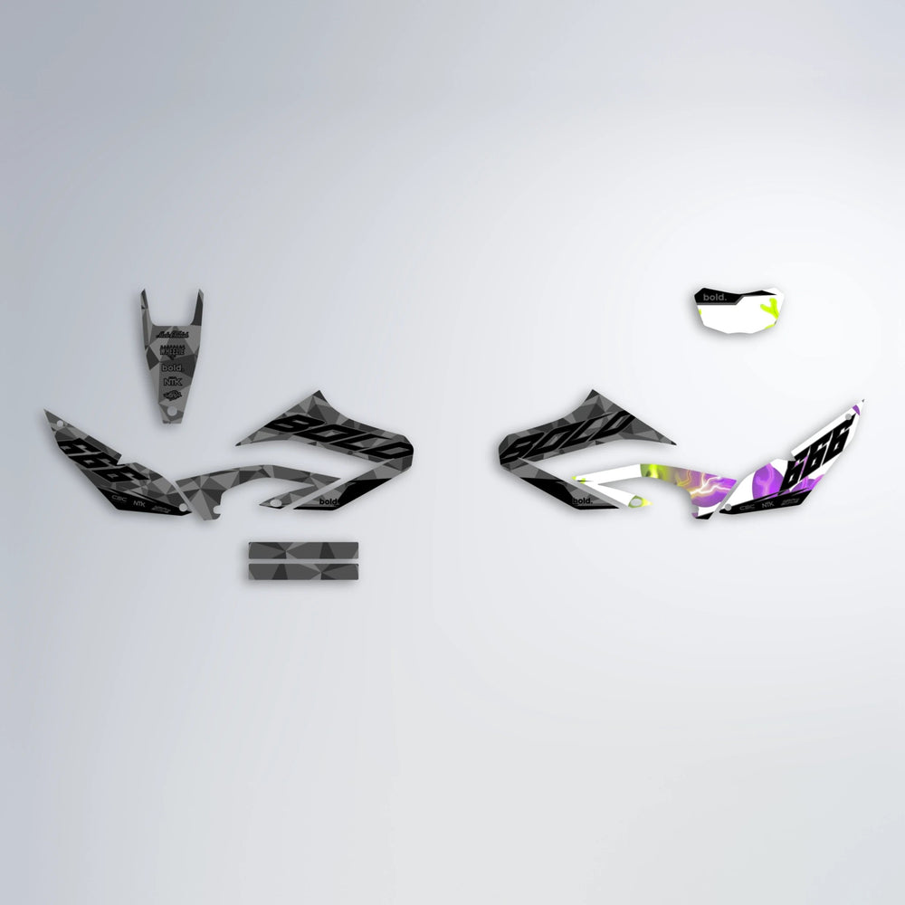 FLASH Yamaha WR 125X graphics kit parts layout in Purple & Yellow