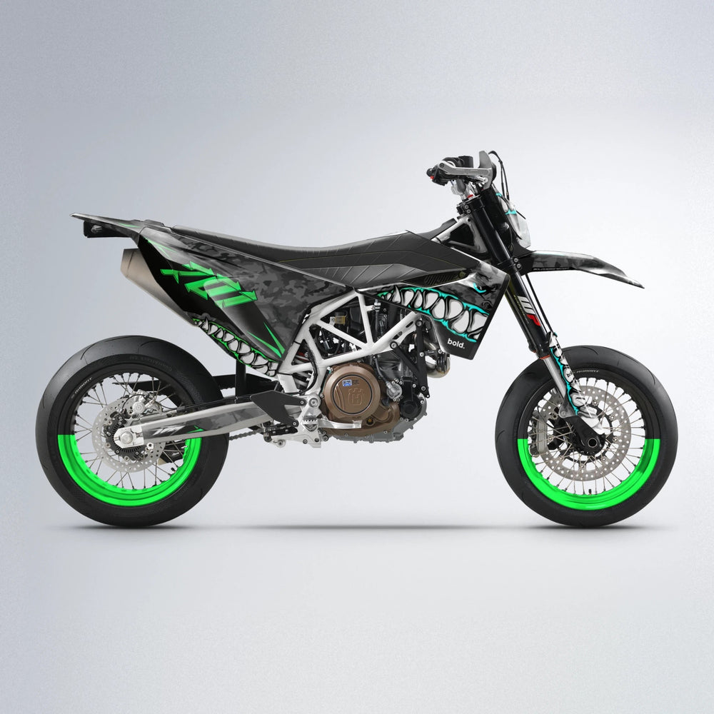 FLIGHT Husqvarna 701 supermoto graphics kit in Cyan & Green