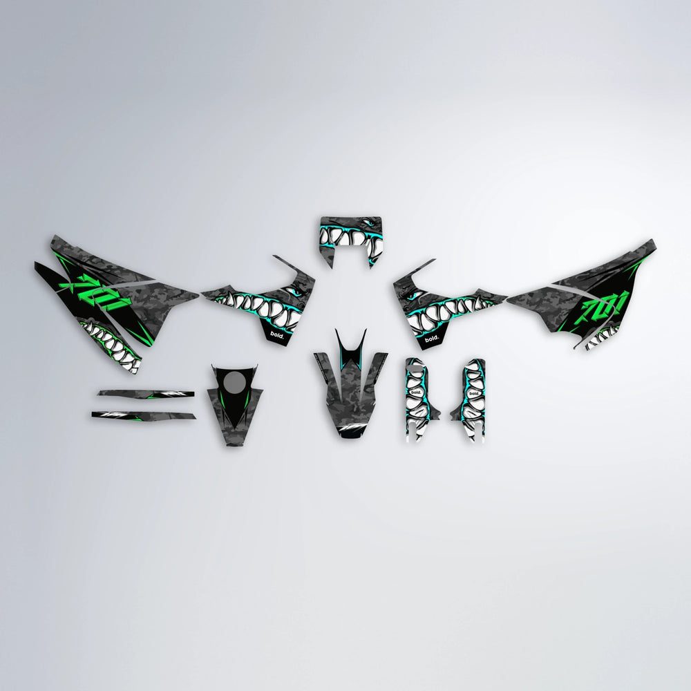 FLIGHT Husqvarna 701 graphics kit parts layout in Cyan & Green