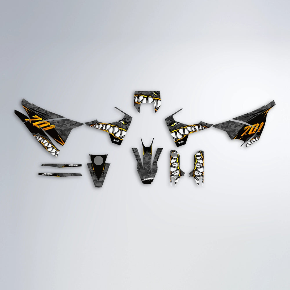 FLIGHT Husqvarna 701 graphics kit parts layout in Orange & Yellow