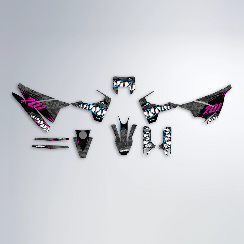 FLIGHT Husqvarna 701 graphics kit parts layout in Pink & Light Blue