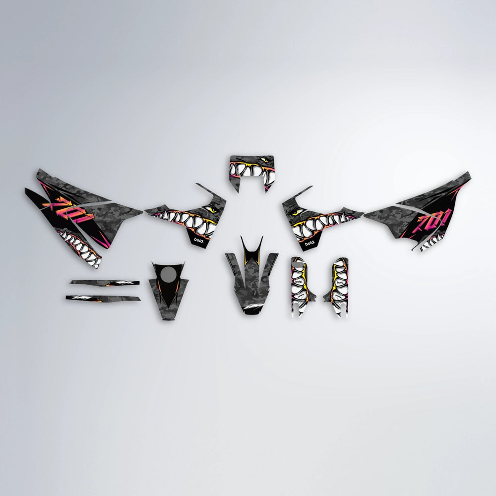 FLIGHT Husqvarna 701 graphics kit parts layout in Pink & Yellow