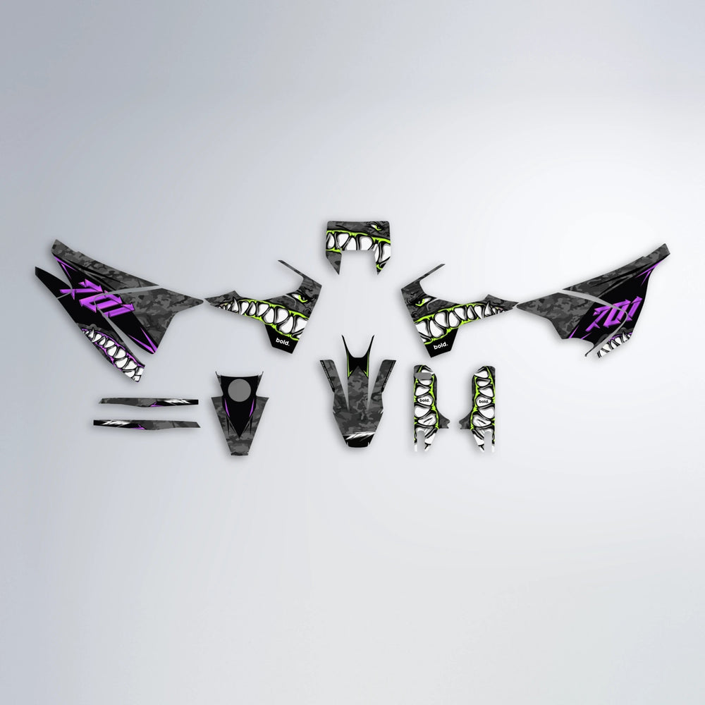 FLIGHT Husqvarna 701 graphics kit parts layout in Purple & Yellow