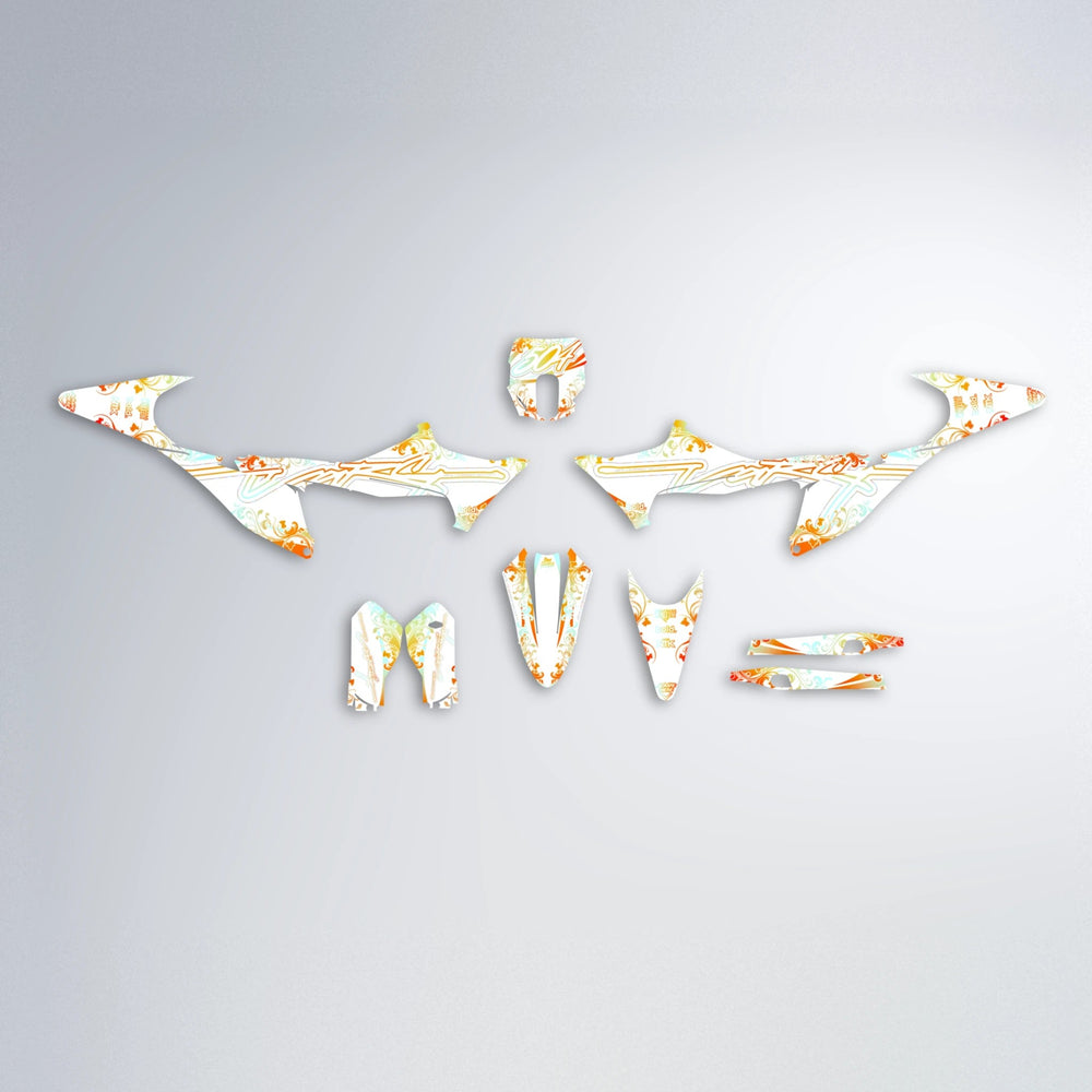 FLORAL Stark Varg MX graphics kit parts layout in Orange & Yellow