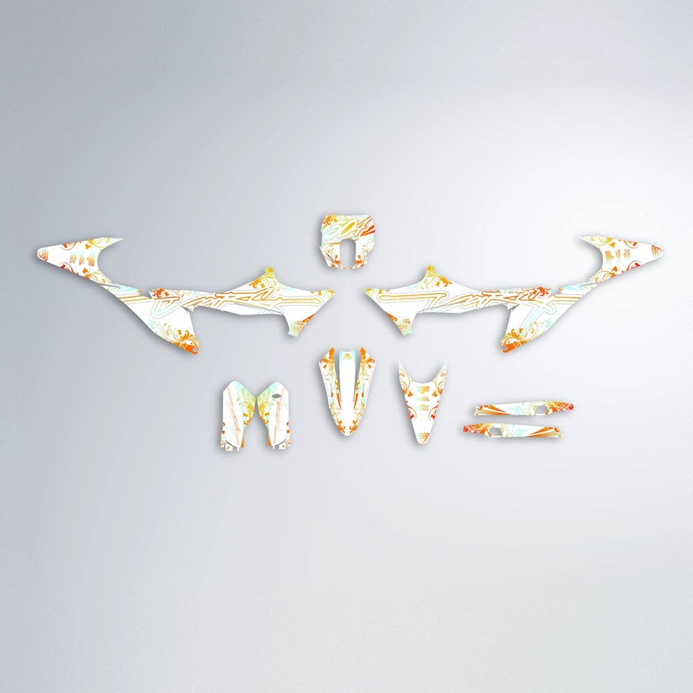 FLORAL Stark Varg SM graphics kit parts layout in Orange & Yellow