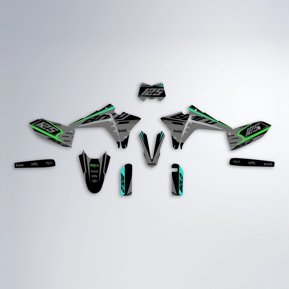 FLUX Fantic graphics kit parts layout in Cyan & Green