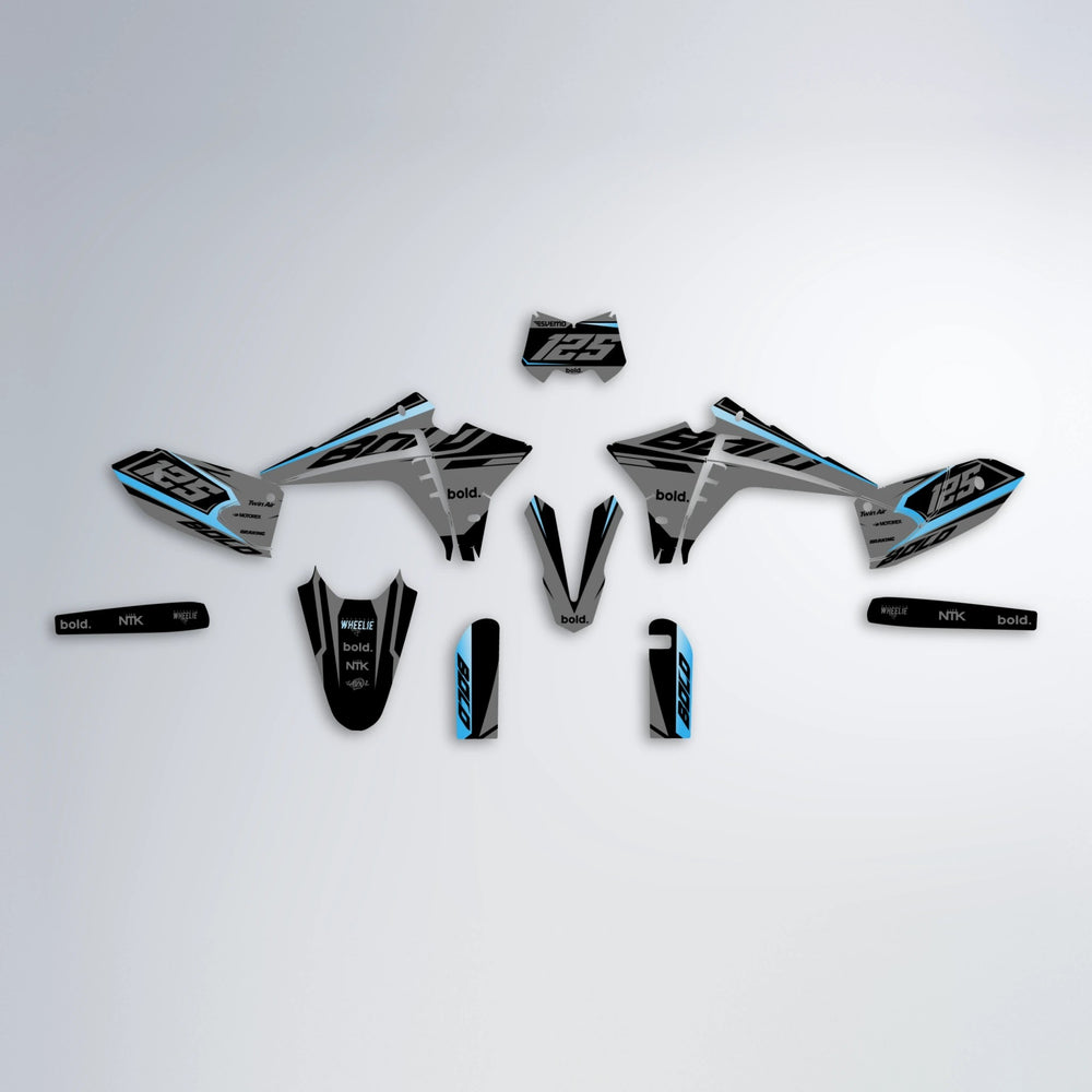 FLUX Fantic graphics kit parts layout in Light Blue & White