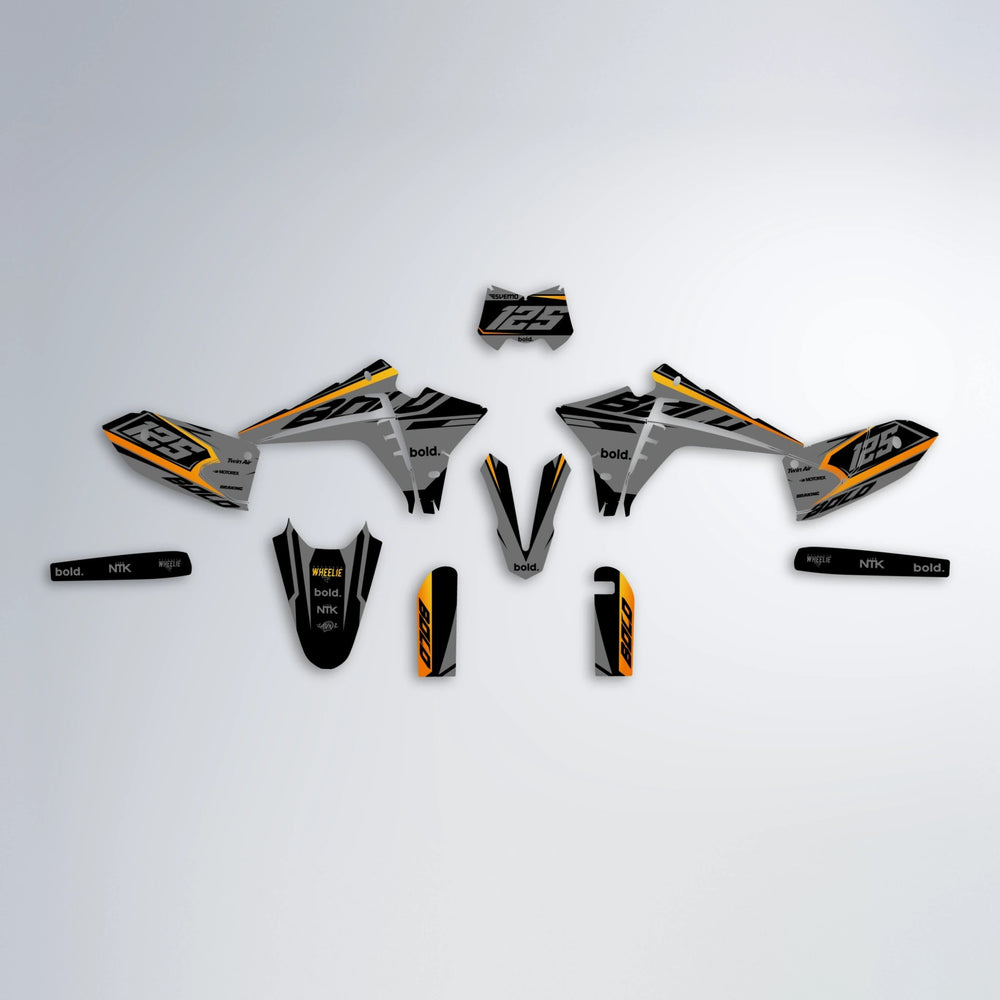 FLUX Fantic graphics kit parts layout in Orange & Yellow