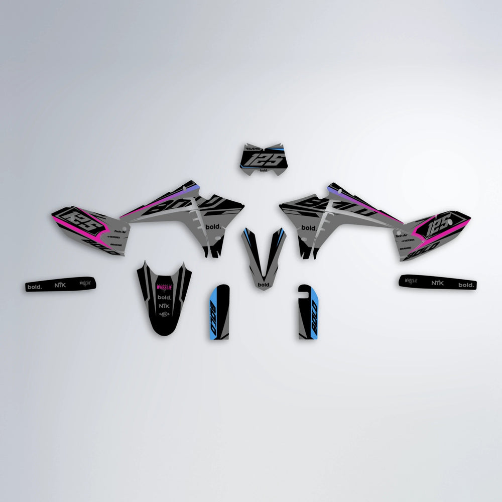 FLUX Fantic graphics kit parts layout in Pink & Light Blue