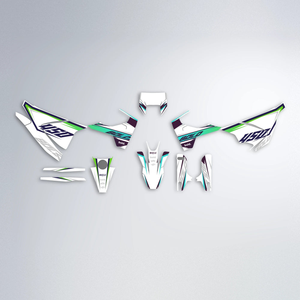 FRODE Husqvarna 701 graphics kit parts layout in Cyan & Green