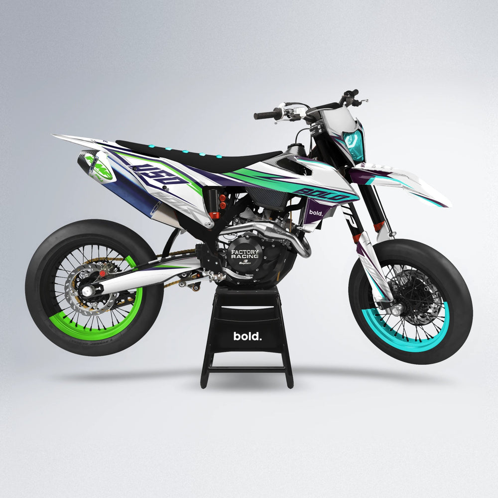 FRODE supermoto graphics kit in Cyan & Green