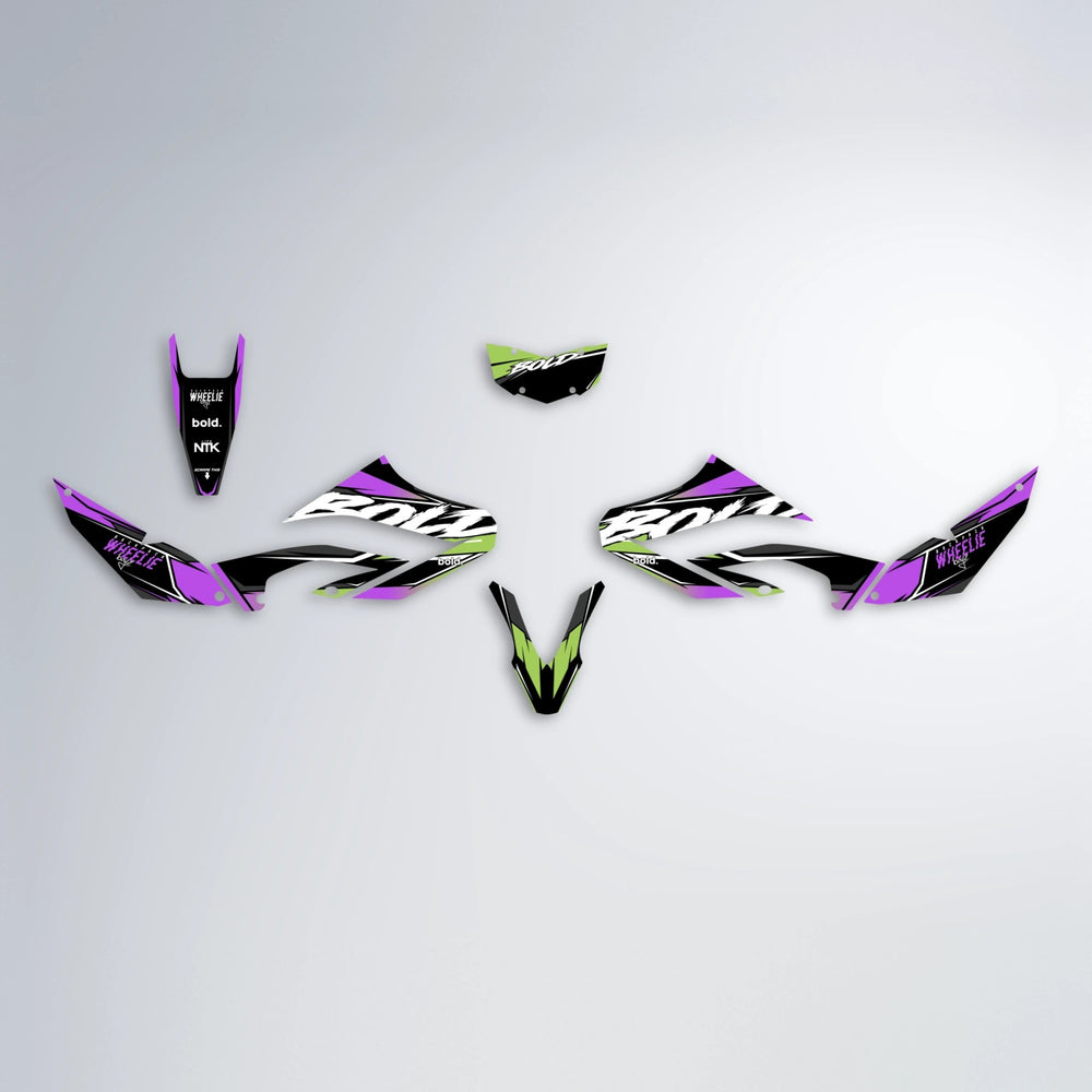 FURY Yamaha WR 125X graphics kit parts layout in Purple & Yellow