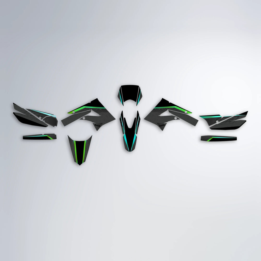 FUTURE Derbi Senda graphics kit parts layout in Cyan & Green